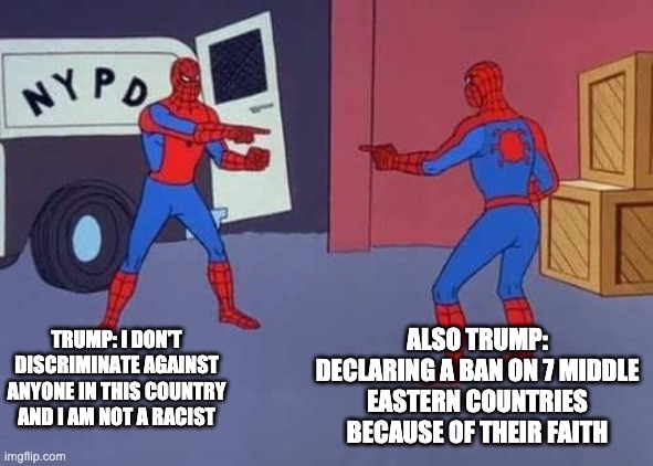 Spiderman mirror | ALSO TRUMP: DECLARING A BAN ON 7 MIDDLE EASTERN COUNTRIES BECAUSE OF THEIR FAITH; TRUMP: I DON'T DISCRIMINATE AGAINST ANYONE IN THIS COUNTRY AND I AM NOT A RACIST | image tagged in spiderman mirror | made w/ Imgflip meme maker