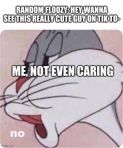 i hate floozys | RANDOM FLOOZY: HEY WANNA SEE THIS REALLY CUTE GUY ON TIK TO-; ME, NOT EVEN CARING | image tagged in bugs bunny no | made w/ Imgflip meme maker