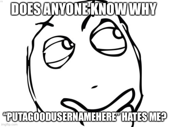 Y he hate me tho | DOES ANYONE KNOW WHY; “PUTAGOODUSERNAMEHERE” HATES ME? | image tagged in memes,question rage face | made w/ Imgflip meme maker