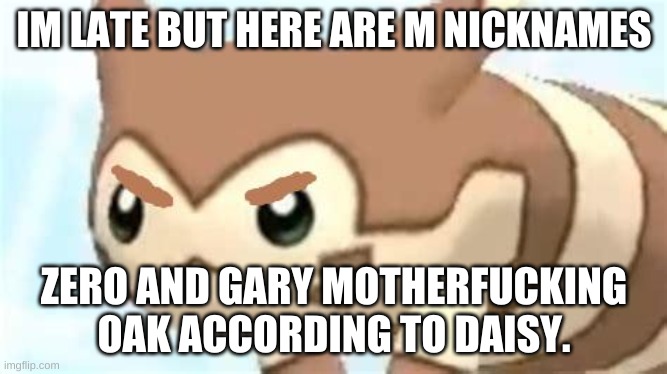 angry furret | IM LATE BUT HERE ARE M NICKNAMES; ZERO AND GARY MOTHERFUCKING OAK ACCORDING TO DAISY. | image tagged in angry furret | made w/ Imgflip meme maker