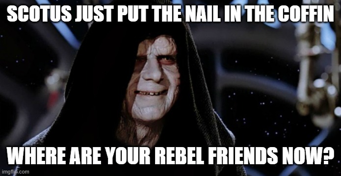 Star Wars Emperor | SCOTUS JUST PUT THE NAIL IN THE COFFIN WHERE ARE YOUR REBEL FRIENDS NOW? | image tagged in star wars emperor | made w/ Imgflip meme maker