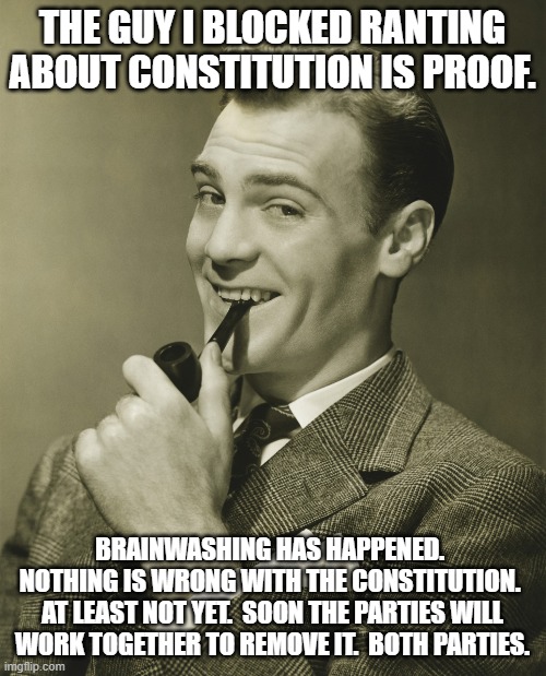 Smug | THE GUY I BLOCKED RANTING ABOUT CONSTITUTION IS PROOF. BRAINWASHING HAS HAPPENED.  NOTHING IS WRONG WITH THE CONSTITUTION.  AT LEAST NOT YET | image tagged in smug | made w/ Imgflip meme maker