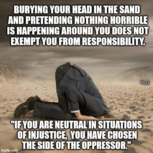 Burying your head in the sand | BURYING YOUR HEAD IN THE SAND
 AND PRETENDING NOTHING HORRIBLE
 IS HAPPENING AROUND YOU DOES NOT
 EXEMPT YOU FROM RESPONSIBILITY. NLG; "IF YOU ARE NEUTRAL IN SITUATIONS
 OF INJUSTICE,  YOU HAVE CHOSEN
 THE SIDE OF THE OPPRESSOR." | image tagged in politics,political meme,philosophy | made w/ Imgflip meme maker