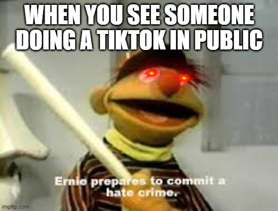 Ernie Prepares to commit a hate crime | WHEN YOU SEE SOMEONE DOING A TIKTOK IN PUBLIC | image tagged in ernie prepares to commit a hate crime,tik tok sucks,tik tok,sesame street,funny,memes | made w/ Imgflip meme maker