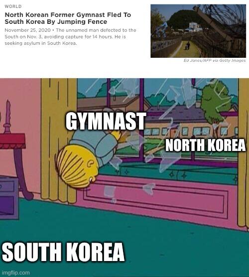 we are jumping very high | GYMNAST; NORTH KOREA; SOUTH KOREA | image tagged in simpsons jump through window | made w/ Imgflip meme maker