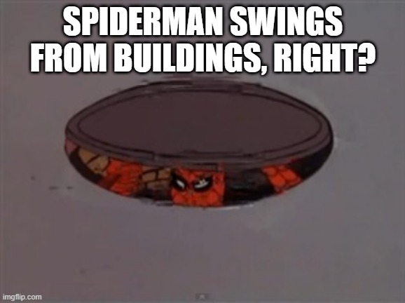 SpiderSewerMan | SPIDERMAN SWINGS FROM BUILDINGS, RIGHT? | image tagged in spider-man in sewer | made w/ Imgflip meme maker