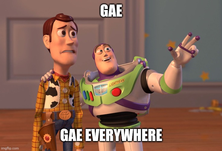 Gae, Gae everywhere | GAE; GAE EVERYWHERE | image tagged in memes,x x everywhere | made w/ Imgflip meme maker