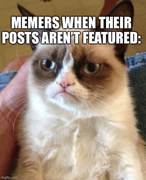 LOL |  MEMERS WHEN THEIR POSTS AREN’T FEATURED: | image tagged in memes,grumpy cat,funny,cats,imgflip,imgflip users | made w/ Imgflip meme maker