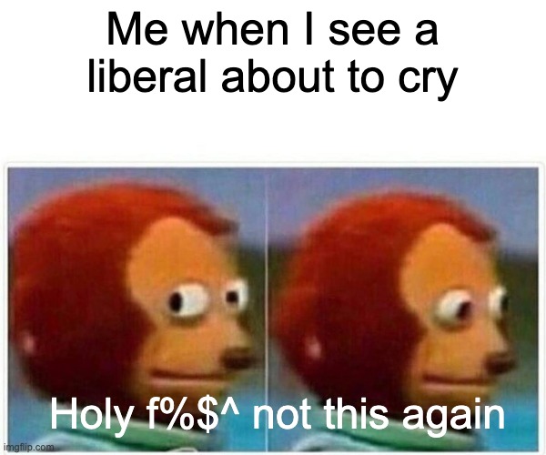 Monkey Puppet | Me when I see a liberal about to cry; Holy f%$^ not this again | image tagged in memes,monkey puppet | made w/ Imgflip meme maker