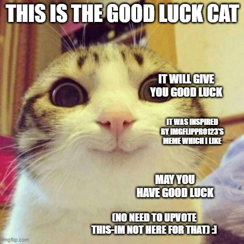 Good luck cat :D | THIS IS THE GOOD LUCK CAT; IT WILL GIVE YOU GOOD LUCK; IT WAS INSPIRED BY IMGFLIPPRO123'S MEME WHICH I LIKE; MAY YOU HAVE GOOD LUCK; (NO NEED TO UPVOTE THIS-IM NOT HERE FOR THAT) :] | image tagged in memes,smiling cat | made w/ Imgflip meme maker