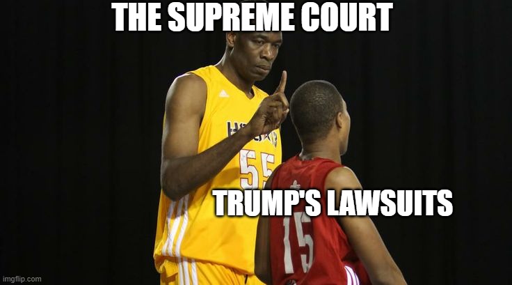 Getting blocked all the way out of The White House | THE SUPREME COURT; TRUMP'S LAWSUITS | image tagged in dikembe mutumbo,donald trump | made w/ Imgflip meme maker