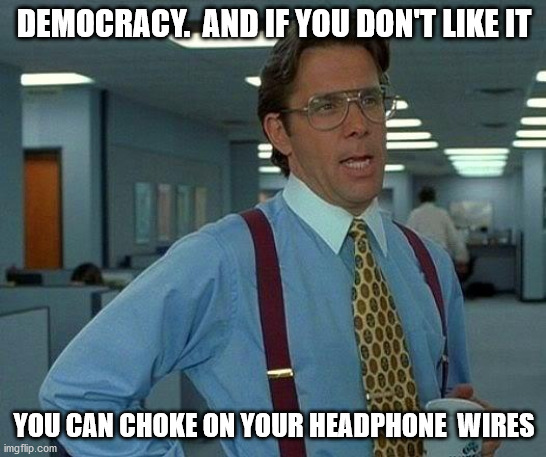 That Would Be Great Meme | DEMOCRACY.  AND IF YOU DON'T LIKE IT; YOU CAN CHOKE ON YOUR HEADPHONE  WIRES | image tagged in memes,that would be great | made w/ Imgflip meme maker