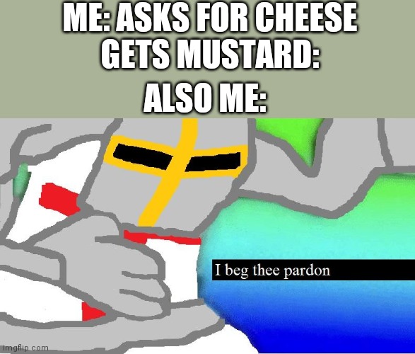 I dont know why I made this I'm just bored | ME: ASKS FOR CHEESE
GETS MUSTARD:; ALSO ME: | image tagged in i beg thee pardon,mayo,wat | made w/ Imgflip meme maker