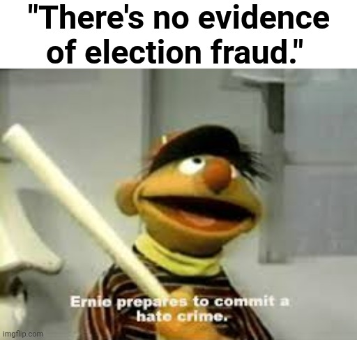...And if we didn't test for Covid, there wouldn't have been any positive cases reported either. | "There's no evidence of election fraud." | image tagged in ernie prepares to commit a hate crime,memes,election fraud,2020 elections | made w/ Imgflip meme maker