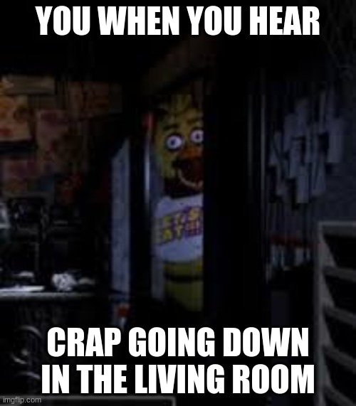 Chica Looking In Window FNAF | YOU WHEN YOU HEAR; CRAP GOING DOWN IN THE LIVING ROOM | image tagged in chica looking in window fnaf | made w/ Imgflip meme maker