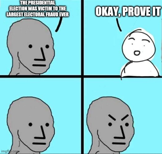 NPC Meme | THE PRESIDENTIAL ELECTION WAS VICTIM TO THE LARGEST ELECTORAL FRAUD EVER; OKAY, PROVE IT | image tagged in npc meme | made w/ Imgflip meme maker