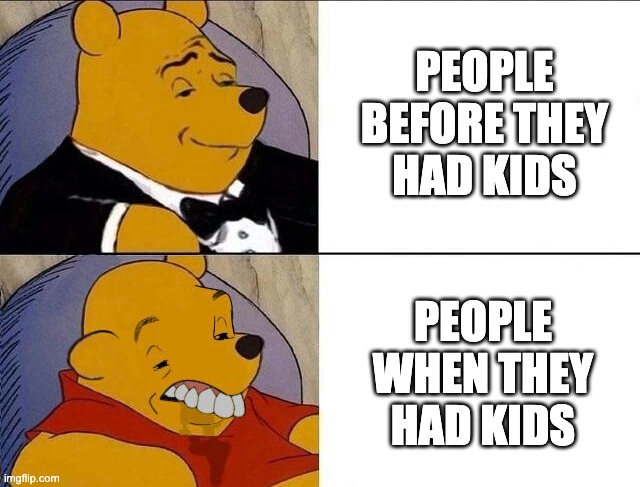 Kids complication | PEOPLE BEFORE THEY HAD KIDS; PEOPLE WHEN THEY HAD KIDS | image tagged in tuxedo winnie the pooh grossed reverse | made w/ Imgflip meme maker