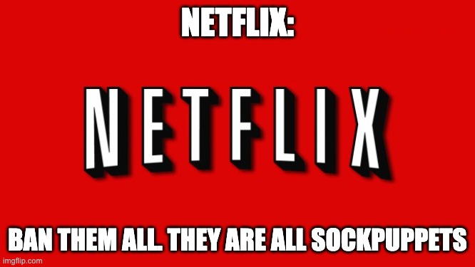 Netflix | NETFLIX: BAN THEM ALL. THEY ARE ALL SOCKPUPPETS | image tagged in netflix | made w/ Imgflip meme maker