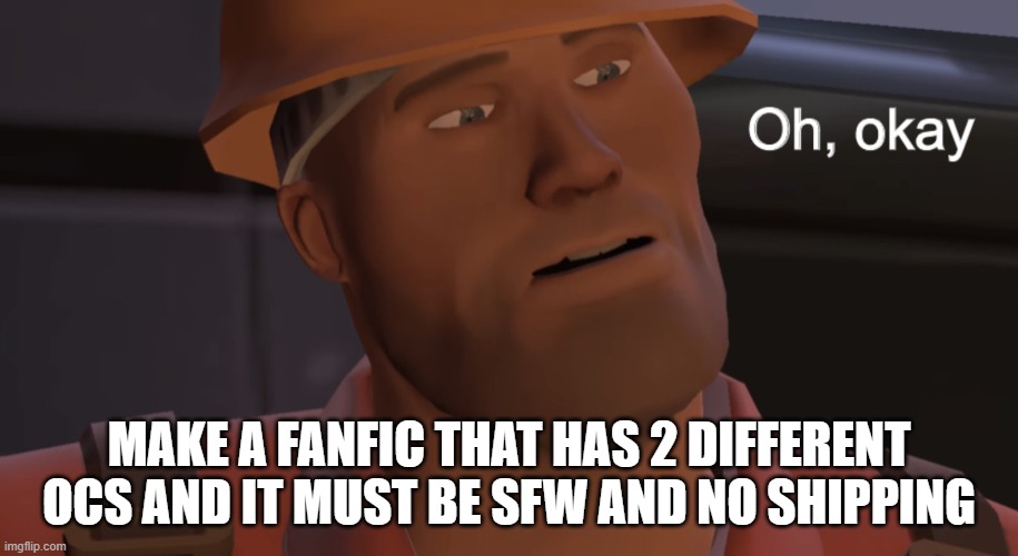 Oh, okay | MAKE A FANFIC THAT HAS 2 DIFFERENT OCS AND IT MUST BE SFW AND NO SHIPPING | image tagged in oh okay | made w/ Imgflip meme maker