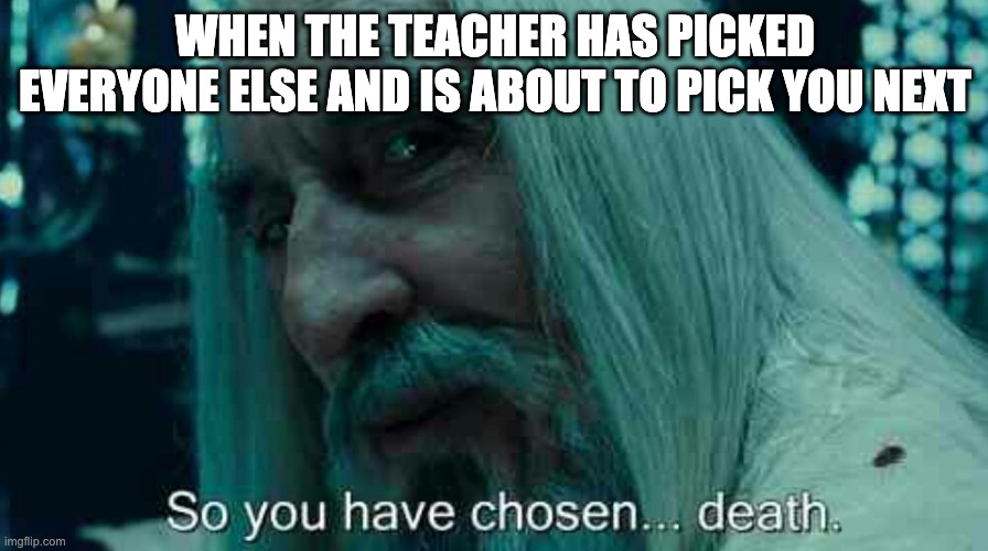 So you have chosen death | WHEN THE TEACHER HAS PICKED EVERYONE ELSE AND IS ABOUT TO PICK YOU NEXT | image tagged in so you have chosen death | made w/ Imgflip meme maker