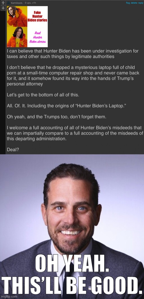 Did Hunter Biden just redpill Trump, Giuliani & Co. into breaking even more laws in an attempt to defame & smear him? We’ll see! | OH YEAH. THIS’LL BE GOOD. | image tagged in kamikaze roast hunter biden,hunter biden,rudy giuliani,giuliani,election 2020,2020 elections | made w/ Imgflip meme maker