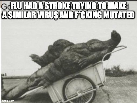 Godzilla | FLU HAD A STROKE TRYING TO MAKE A SIMILAR VIRUS AND F*CKING MUTATED | image tagged in godzilla | made w/ Imgflip meme maker