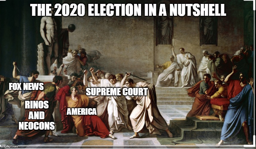 Caesar’s betrayal | THE 2020 ELECTION IN A NUTSHELL; FOX NEWS; SUPREME COURT; AMERICA; RINOS AND NEOCONS | image tagged in caesar s betrayal | made w/ Imgflip meme maker