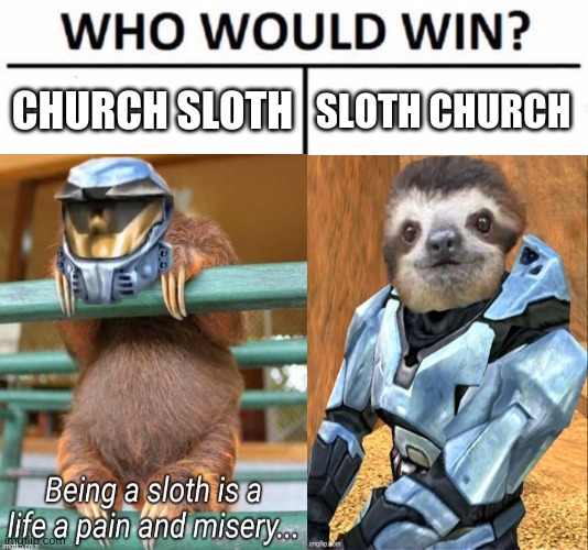 i think church sloth wins | CHURCH SLOTH; SLOTH CHURCH | image tagged in memes,who would win | made w/ Imgflip meme maker