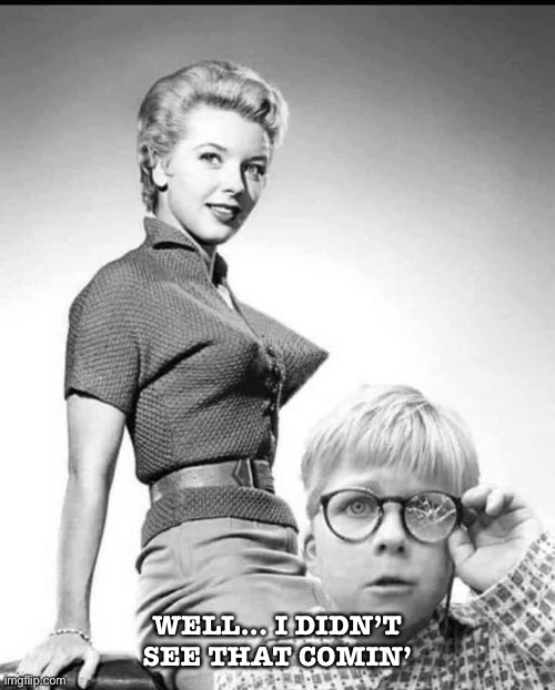 I didn’t see that comin’ | WELL... I DIDN’T SEE THAT COMIN’ | image tagged in big tits,vintage,glasses,eyes | made w/ Imgflip meme maker