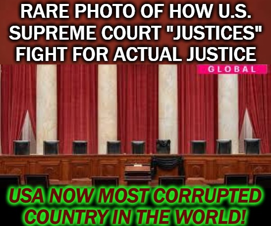 Supreme Injustice | RARE PHOTO OF HOW U.S.
SUPREME COURT "JUSTICES"
FIGHT FOR ACTUAL JUSTICE; USA NOW MOST CORRUPTED COUNTRY IN THE WORLD! | image tagged in supreme court,rigged elections,election fraud | made w/ Imgflip meme maker