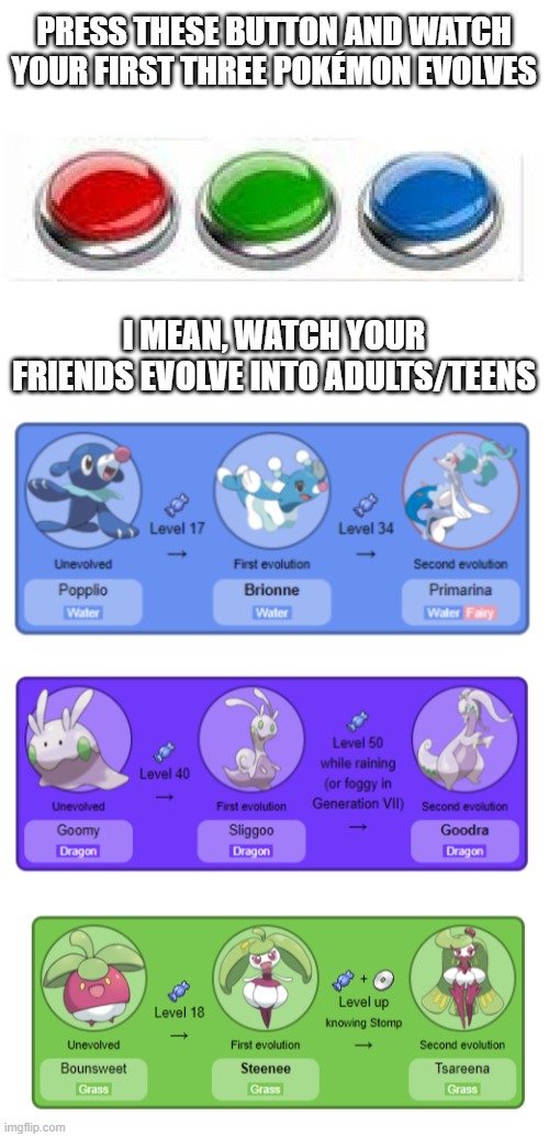 PRESS THESE BUTTON AND WATCH
YOUR FIRST THREE POKÉMON EVOLVES I MEAN, WATCH YOUR FRIENDS EVOLVE INTO ADULTS/TEENS | image tagged in blank white template | made w/ Imgflip meme maker