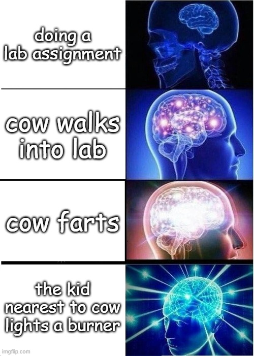 chemistry class dad joke | doing a lab assignment; cow walks into lab; cow farts; the kid nearest to cow lights a burner | image tagged in memes,expanding brain,science | made w/ Imgflip meme maker