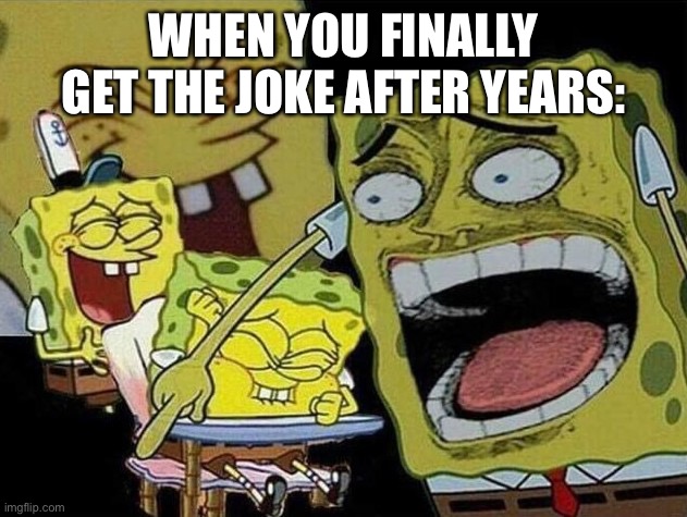 Spongebob laughing Hysterically | WHEN YOU FINALLY GET THE JOKE AFTER YEARS: | image tagged in spongebob laughing hysterically,memes,funny,spongebob,jokes | made w/ Imgflip meme maker