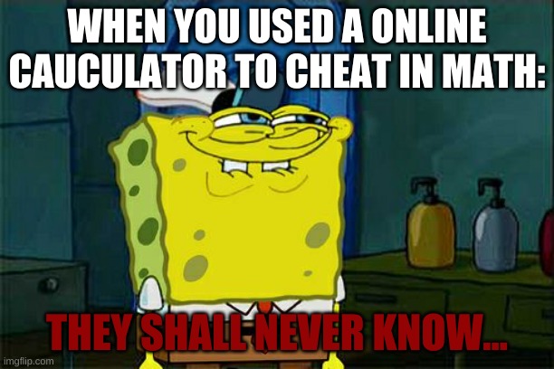 honestly tho... | WHEN YOU USED A ONLINE CAUCULATOR TO CHEAT IN MATH:; THEY SHALL NEVER KNOW... | image tagged in memes,don't you squidward | made w/ Imgflip meme maker