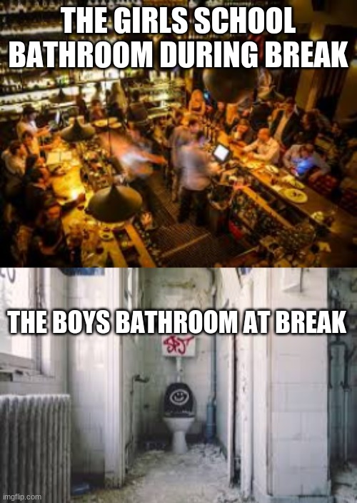 school bathrooms | THE GIRLS SCHOOL BATHROOM DURING BREAK; THE BOYS BATHROOM AT BREAK | image tagged in school | made w/ Imgflip meme maker