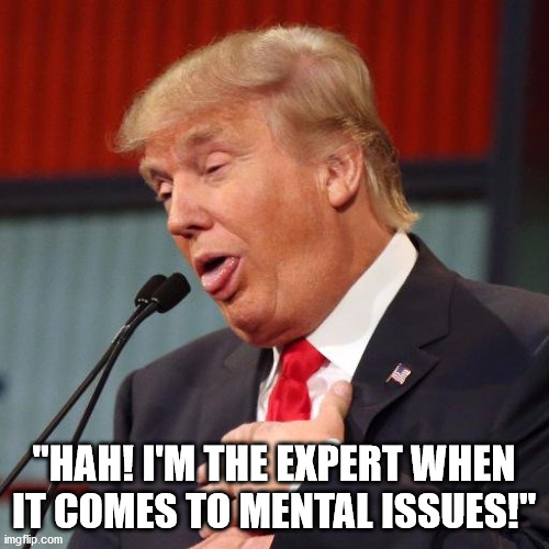 Trump derp | "HAH! I'M THE EXPERT WHEN IT COMES TO MENTAL ISSUES!" | image tagged in trump derp | made w/ Imgflip meme maker