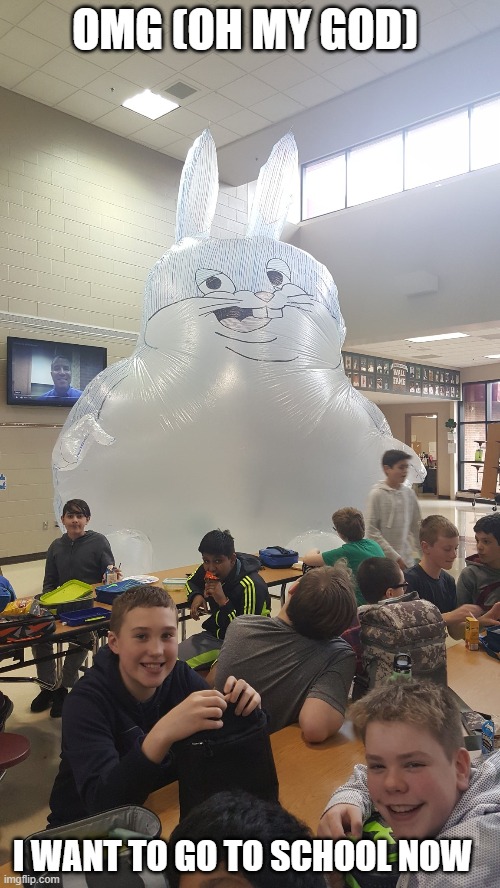 big chungus in school, now i dont hate school anymore | OMG (OH MY GOD); I WANT TO GO TO SCHOOL NOW | image tagged in big chungus,in school,wholesume | made w/ Imgflip meme maker