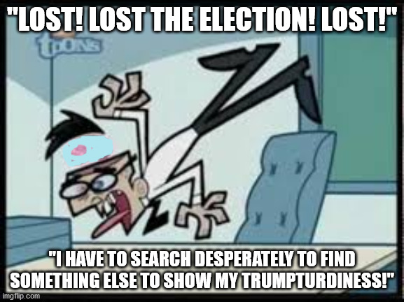 "LOST! LOST THE ELECTION! LOST!" "I HAVE TO SEARCH DESPERATELY TO FIND SOMETHING ELSE TO SHOW MY TRUMPTURDINESS!" | made w/ Imgflip meme maker