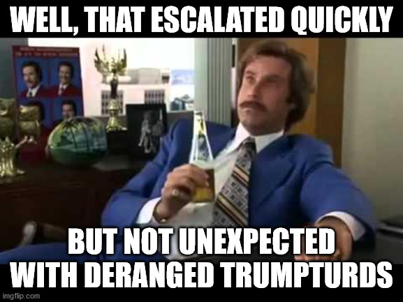 Well That Escalated Quickly Meme | WELL, THAT ESCALATED QUICKLY BUT NOT UNEXPECTED WITH DERANGED TRUMPTURDS | image tagged in memes,well that escalated quickly | made w/ Imgflip meme maker