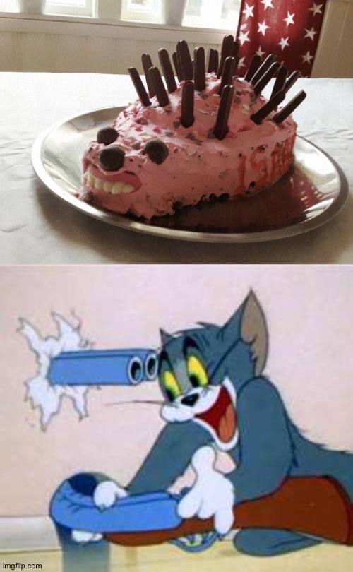 Hedgehog cake | image tagged in tom the cat shooting himself | made w/ Imgflip meme maker