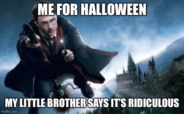 LOL ? | ME FOR HALLOWEEN; MY LITTLE BROTHER SAYS IT’S RIDICULOUS | image tagged in harry potter flying | made w/ Imgflip meme maker