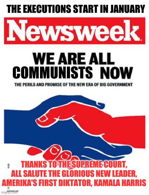 All socialists, | THE EXECUTIONS START IN JANUARY; COMMUNISTS; THANKS TO THE SUPREME COURT, ALL SALUTE THE GLORIOUS NEW LEADER, AMERIKA'S FIRST DIKTATOR, KAMALA HARRIS | image tagged in all socialists | made w/ Imgflip meme maker