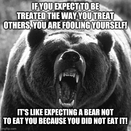 Life lesson by Richard O'Donnell | IF YOU EXPECT TO BE TREATED THE WAY YOU TREAT OTHERS, YOU ARE FOOLING YOURSELF! IT'S LIKE EXPECTING A BEAR NOT TO EAT YOU BECAUSE YOU DID NOT EAT IT! | image tagged in life lessons | made w/ Imgflip meme maker