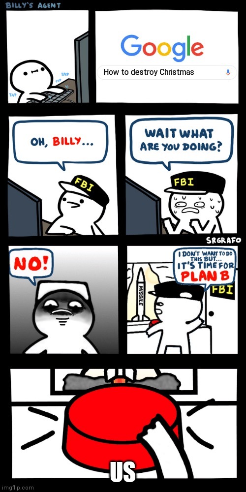Billy’s FBI agent plan B | How to destroy Christmas; US | image tagged in billy s fbi agent plan b,memes,billy's fbi agent,funny,christmas | made w/ Imgflip meme maker
