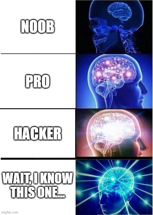Expanding Brain Meme | NOOB; PRO; HACKER; WAIT, I KNOW THIS ONE... | image tagged in memes,expanding brain | made w/ Imgflip meme maker