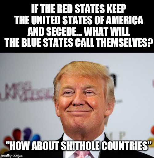 Donald trump approves | IF THE RED STATES KEEP THE UNITED STATES OF AMERICA AND SECEDE... WHAT WILL THE BLUE STATES CALL THEMSELVES? "HOW ABOUT SH!THOLE COUNTRIES" | image tagged in donald trump approves | made w/ Imgflip meme maker