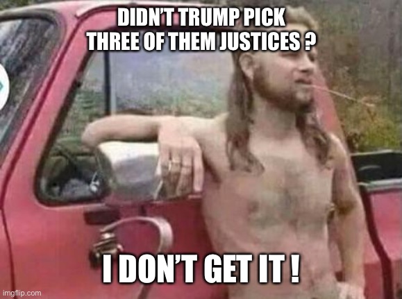 okie red neck hates isis jehadie biatches | DIDN’T TRUMP PICK THREE OF THEM JUSTICES ? I DON’T GET IT ! | image tagged in okie red neck hates isis jehadie biatches | made w/ Imgflip meme maker