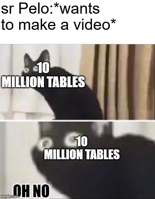 oh no black cat | sr Pelo:*wants to make a video*; 10 MILLION TABLES; 10 MILLION TABLES; OH NO | image tagged in oh no black cat,sr pelo,table breaking | made w/ Imgflip meme maker
