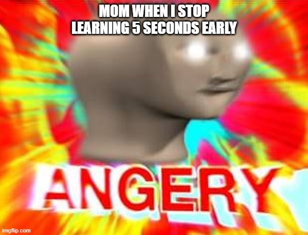 Surreal Angery | MOM WHEN I STOP LEARNING 5 SECONDS EARLY | image tagged in surreal angery | made w/ Imgflip meme maker