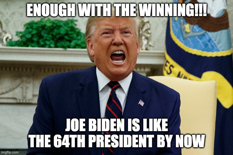 enough already | ENOUGH WITH THE WINNING!!! JOE BIDEN IS LIKE THE 64TH PRESIDENT BY NOW | image tagged in trump,winning,are ya winning son,trump tantrum | made w/ Imgflip meme maker